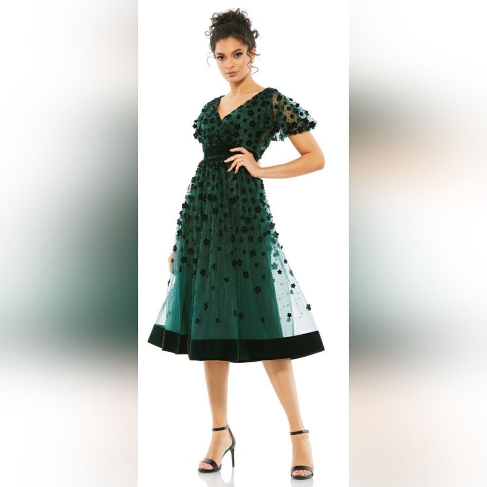 Mac Duggal EMBELLISHED BUTTERFLY SLEEVE MIDI DRESS NWT size 2 Green (67854)